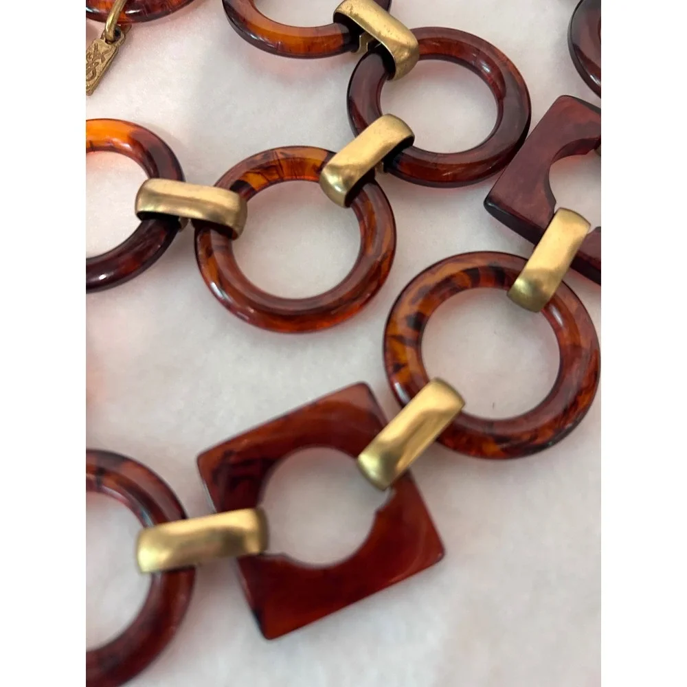 Vintage YSL Yves Saint Laurent Tortoise Resin Geometric Link Chain Belt Gold
